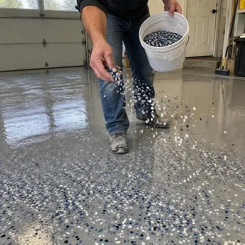 Flake epoxy coating for a workshop or equipment garage on acreage