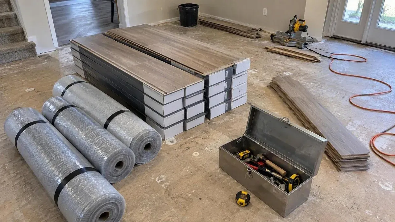 Flooring cartons, underlayment and tools staged neatly before a job