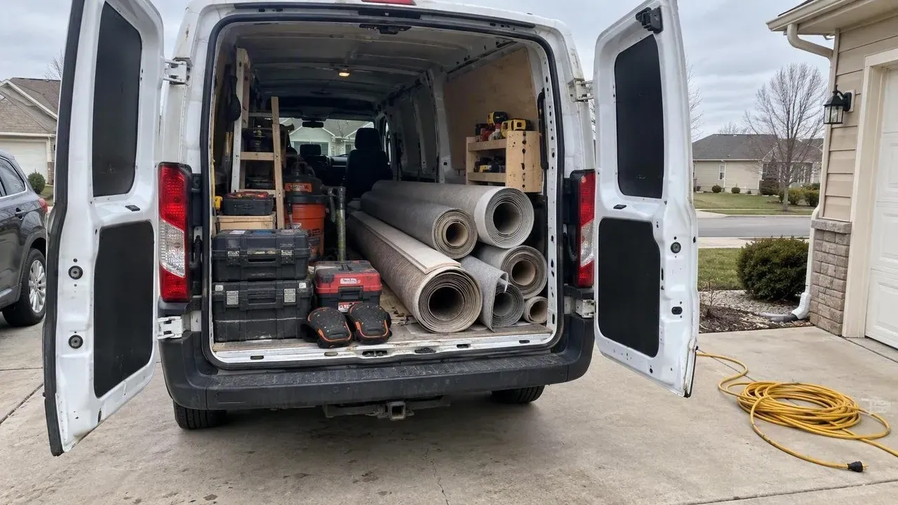 Kitchener Prestige Flooring crew van loaded with flooring and tools