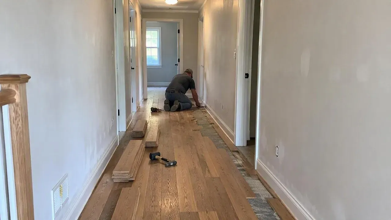 Flooring installer laying new planks in a Kitchener home hallway