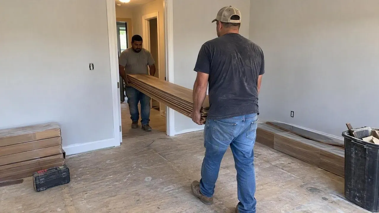 Kitchener Prestige Flooring installers carrying a plank bundle into a home