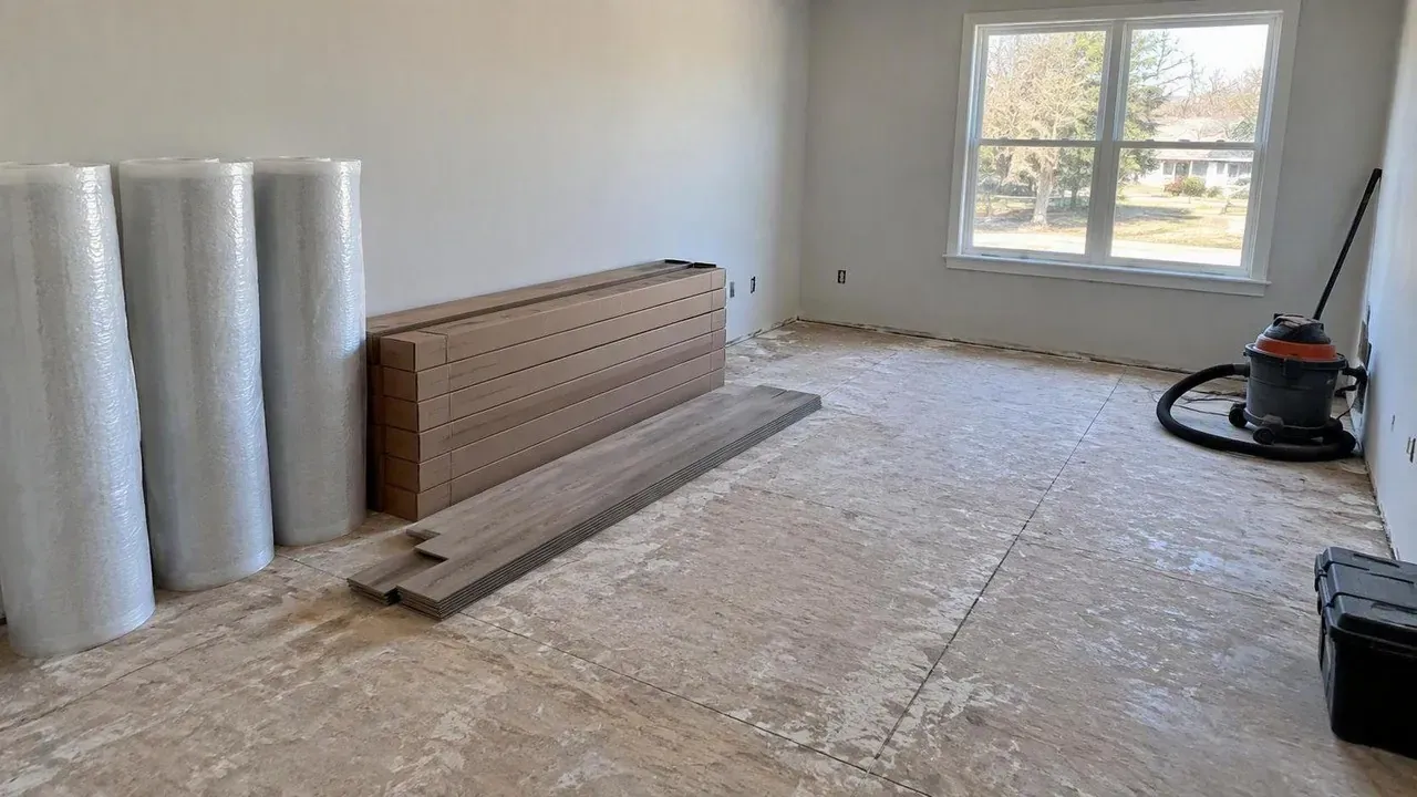 Heritage room in Cambridge stripped back with new flooring materials staged