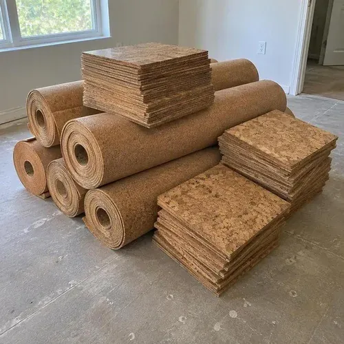 Rolls of cork acoustic underlayment staged for a condo floor