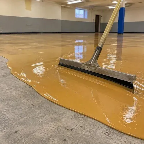 Poured polyurethane sports surface being spread with a squeegee