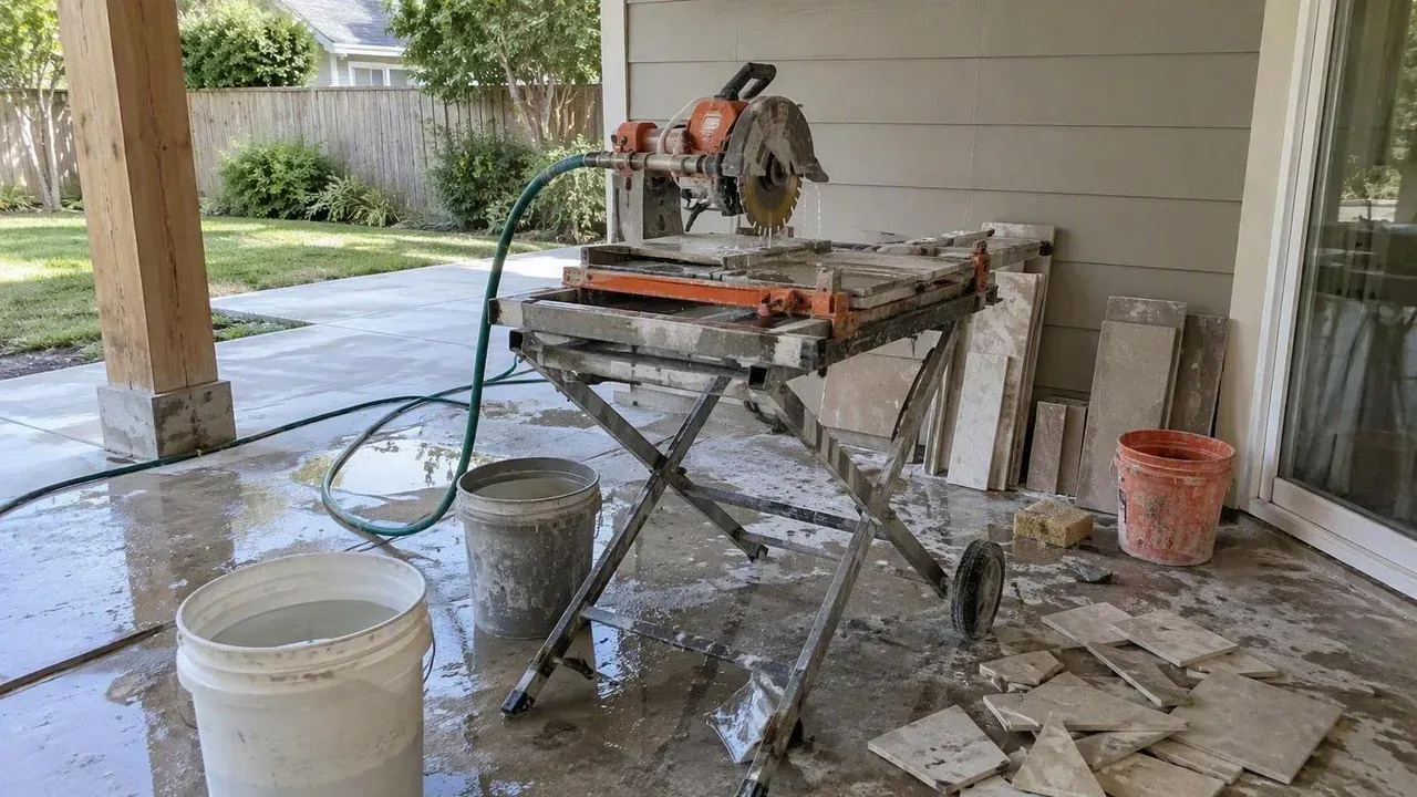 Tile saw station set up outside during a home flooring renovation near Rockwood